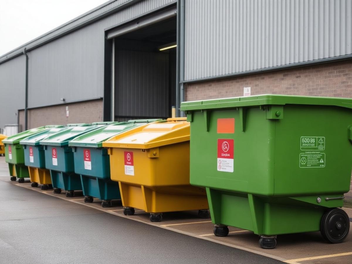 Commercial waste bins outside an industrial warehouse