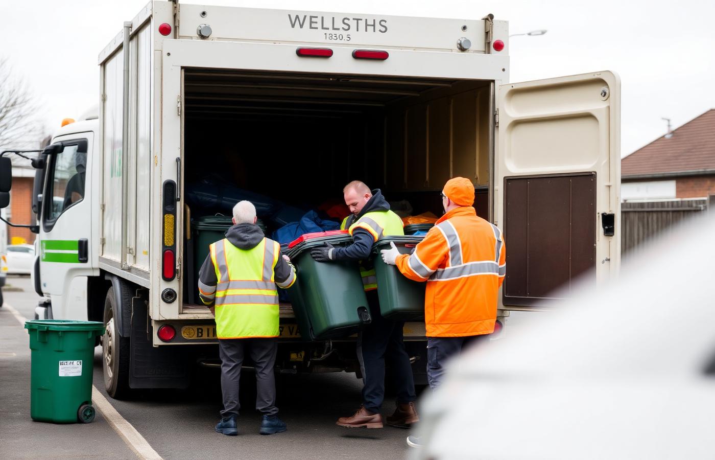 Waste collection team loading bins into a refuse truck